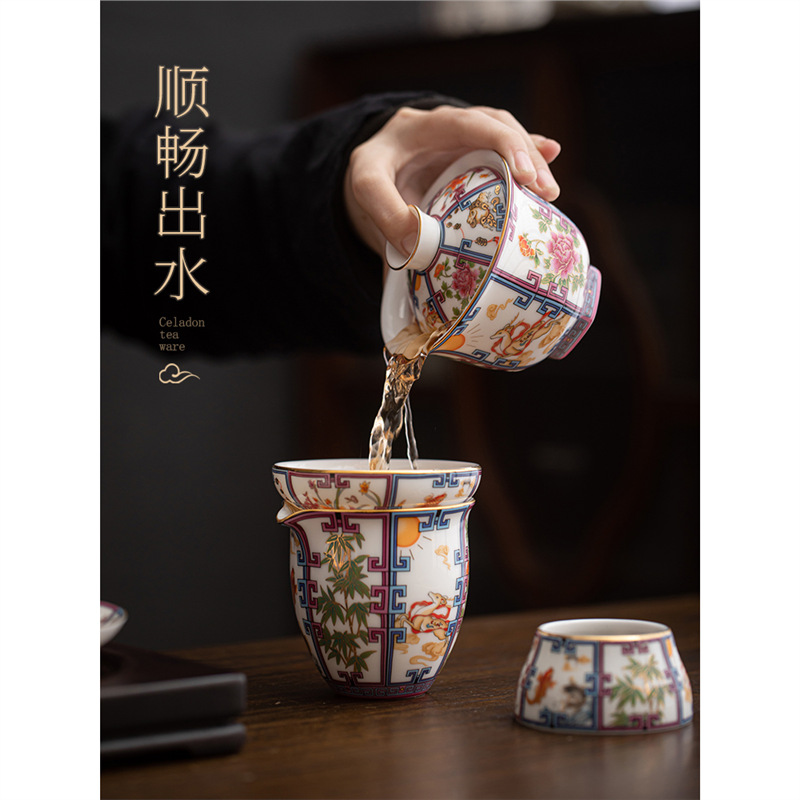 Bộ ấm trà Kung Fu gốm sứ tráng men Jucai ấm trà sứ trắng gia dụng cao cấp có nắp cốc trà quà tặng bán buôn