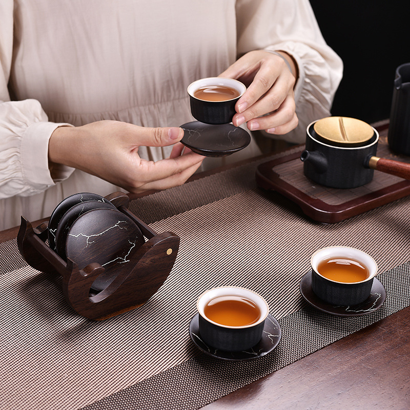 Lót tách trà gỗ Solid gỗ mun gia dụng Phụ Kiện Bộ trà Kungfu cổ điển đệm cách nhiệt đệm trà đạo cao cấp sang trọng nhẹ