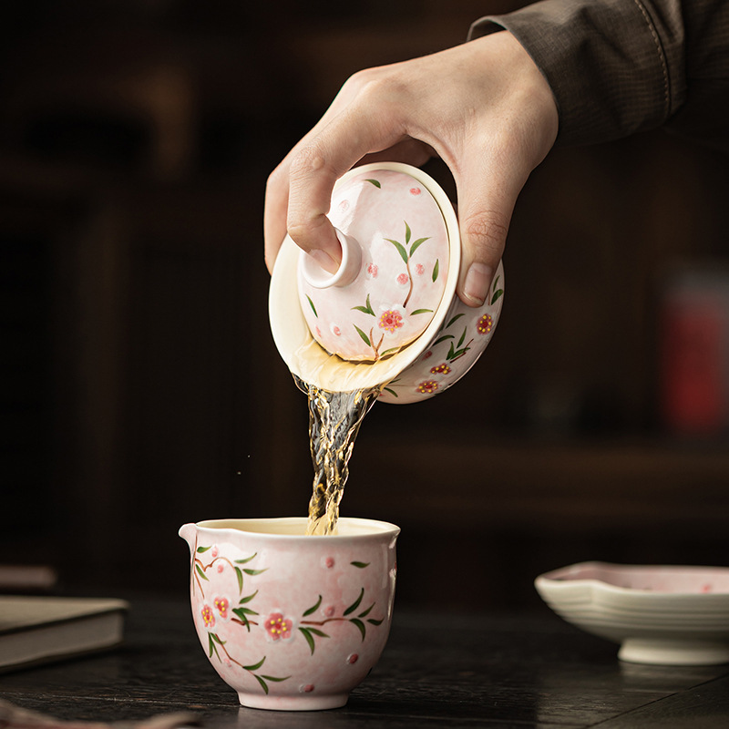 Bát có nắp ba tài hoa đào vẽ tay Bộ trà Kung Fu gốm sứ Trung Quốc Bát trà đơn dụng cụ pha trà đơn giản cho cá nhân