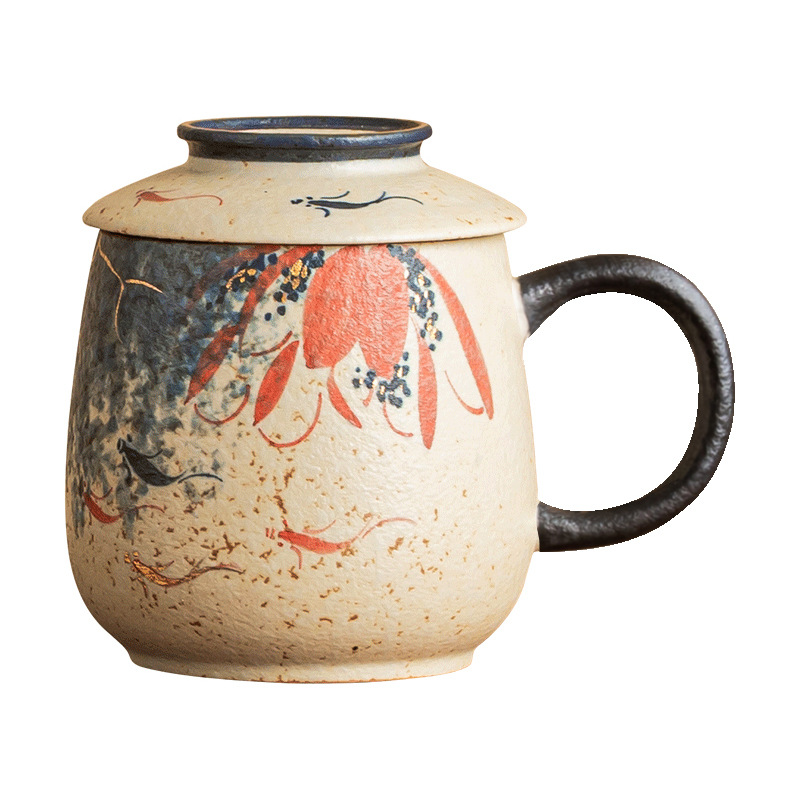 Màu xanh và trắng đá lửa cốc văn phòng màu đỏ chạm khắc vàng vẽ tay hoa sen vần koi cốc có nắp cốc nước cổ điển cốc sứ cốc đơn