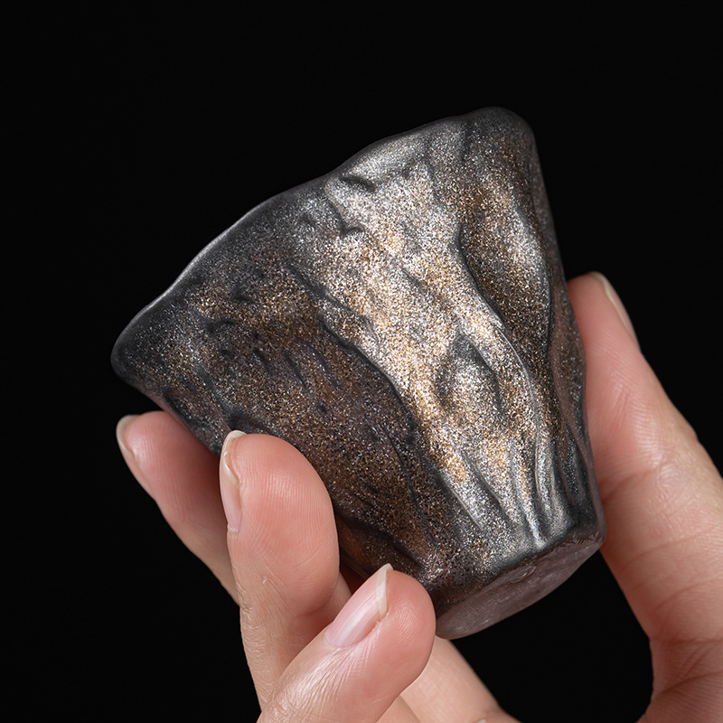 Cốc Trà Hoa Sen tráng men sắt mạ vàng kiểu Nhật, cốc trà gốm thô cổ điển thủ công, Cốc thơm, cốc đơn cỡ nhỏ