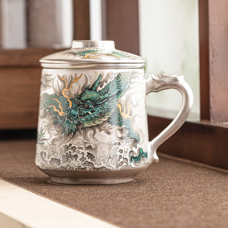 Cốc văn phòng Longteng Four Seas mạ bạc 999 cốc mug sang trọng nhẹ cao cấp có nắp tách trà tách trà cốc đơn