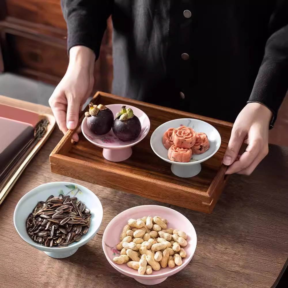 Đĩa cao chân gốm sứ kiểu Trung Quốc, đĩa giải khát chân cao cổ điển, đĩa chấm bi gia dụng, đĩa phục vụ hoa quả gia dụng, Đĩa hoa quả khô quanh bếp