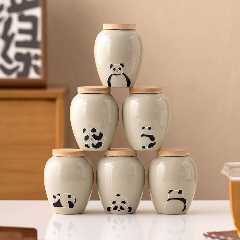 Chậu trà gấu trúc chạm khắc đống tro tàn, bình rỗng, bình kín kiểu Trung Quốc cổ điển, bình đựng đồ, bình gốm gia dụng cỡ nhỏ