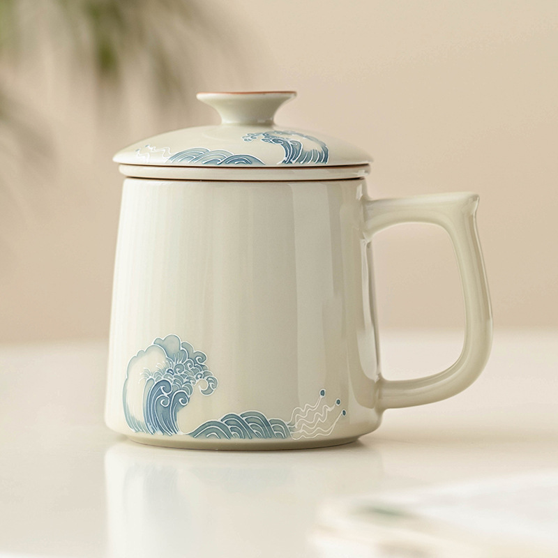 Cốc văn phòng chạm khắc sóng biển xếp chồng vẽ tay cốc tách trà gia dụng cốc uống nước cá nhân cao cấp có nắp