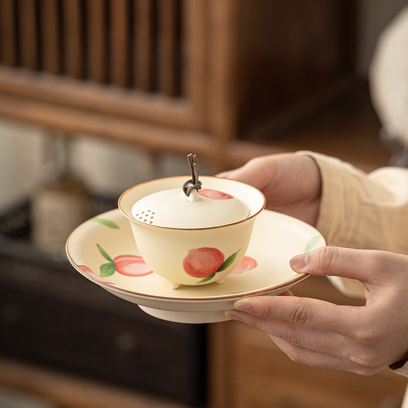 Bộ trà màu vàng kem đào vẽ tay dụng cụ trà Kung Fu sáng tạo gốm sứ gia dụng dễ thương bát trà cốc trà