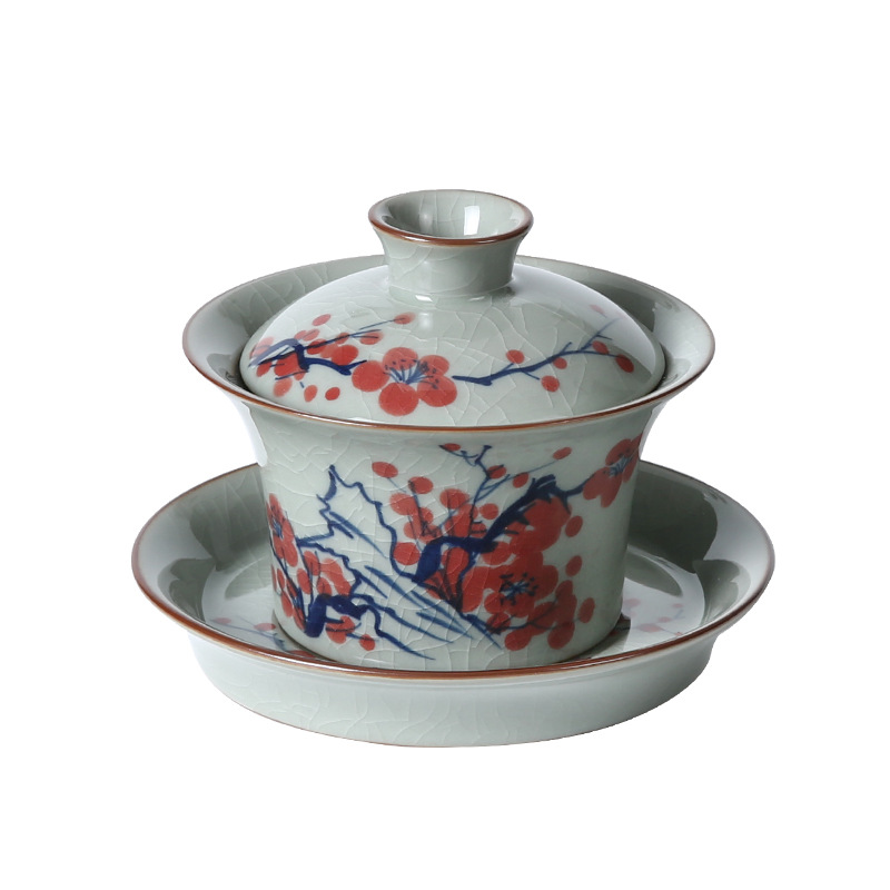 Gaiwan đất sét cổ được vẽ bằng tay với hoa văn nứt băng, gaiwan ba tài bằng gốm, không nóng khi chạm vào, bát trà cổ điển gia dụng, bộ trà kung fu.
