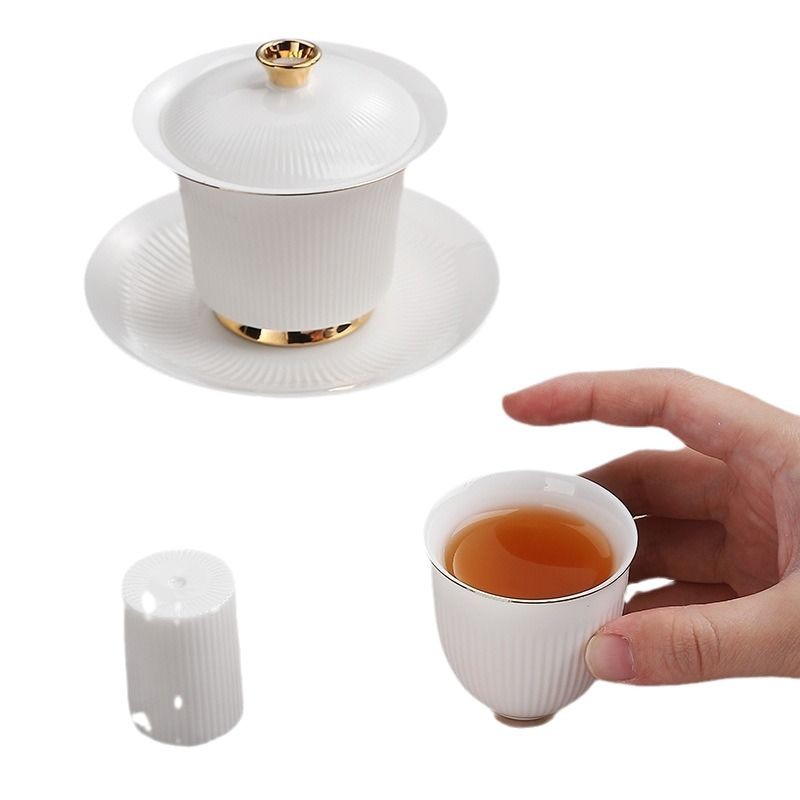 Bộ ấm trà ngọc bích mỡ cừu Bộ bát Ba tài năng có nắp hộp quà tặng doanh nghiệp hỗ trợ LOGO