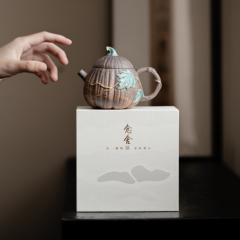 Ấm trà bí đỏ bùn đá cũ ấm trà dụng cụ pha trà kungfu cổ điển văn phòng gia dụng ấm trà gốm sứ ấm đơn hộp quà