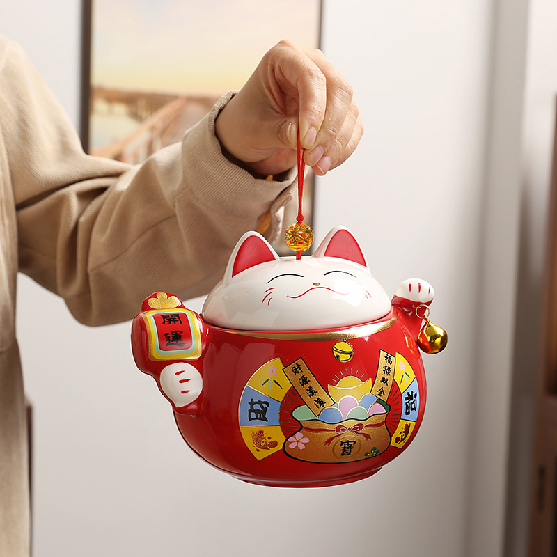 Bình trà mèo may mắn Bình rỗng gốm sứ hoạt hình sáng tạo bình kín hộp đựng trà Pu'er cỡ lớn gia dụng hộp quà
