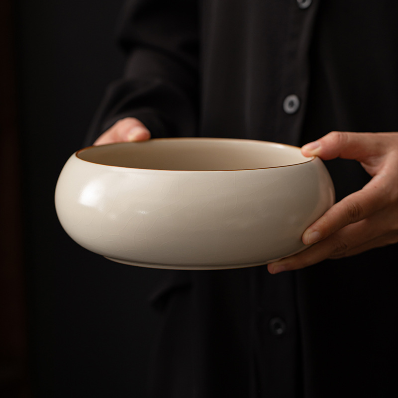 Gạt trà tròn màu be Ru Kiln Gạt trà dung tích lớn Gạt nước thải đựng bát trà lớn Gạt trà cốc đựng trà gia dụng Gạt trà