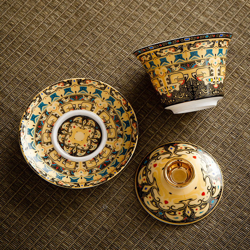 Cốc trà bát nắp tam tài bạc cloisonné bộ ấm trà kungfu mới kiểu Trung Quốc xoay có thể di chuột, bát pha trà cao cấp gia dụng