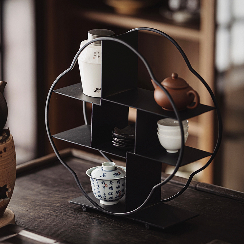 Hộp đựng trà sắt mỹ thuật, Bộ trà ấm trà, Giá đựng cốc trà, đồ trang trí nhà kiểu Trung Quốc mới, nhà mẫu, kệ Bogu trưng bày, trang trí mềm