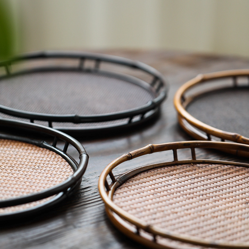 Khay chiếu đan tre trúc làm thủ công khay đựng trà hình tròn khay đựng trà bàn pha khô Khay trà Phong bàn trà chiếu trà không pha trà đạo