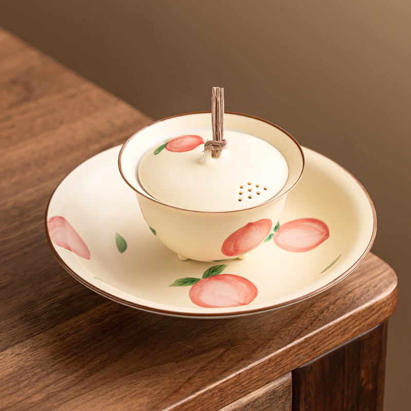 Quạt vẽ tay nút dây đào có nắp đậy chén trà chén chén trà gốm sứ gia dụng có nắp bộ trà Kung Fu không nóng đơn