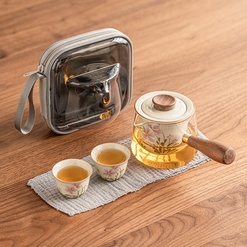 Bộ trà du lịch vẽ tay cúc họa mi nhỏ Bộ trà thủy tinh kiểu Trung Quốc một bình gốm sứ cầm tay hai cốc nhỏ