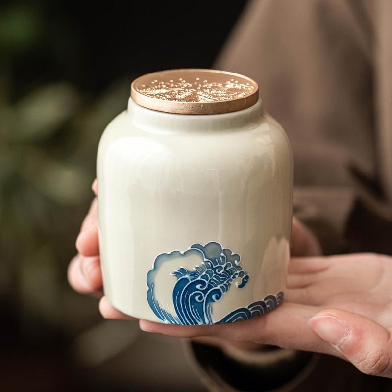 Chậu trà sóng biển xếp chồng, bình đựng đồ, bình kín gia dụng, hộp đựng trà chống ẩm kiểu Trung Quốc mới, bình trà thanh lịch