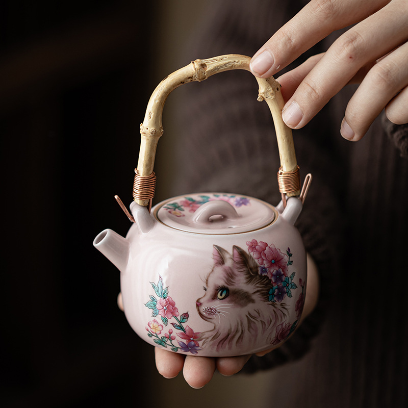 Ấm cầm xà đốt tre mèo hoa lò Fenru, ấm pha trà dung tích lớn, ấm đơn, bộ ấm trà gốm sứ có thể mở, hộp quà