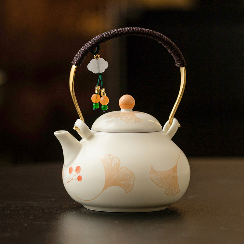 Ấm trà chùm dây buộc bạch quả màu be ấm trà gốm sứ pha trà dụng cụ trà kungfu gia dụng lọc ấm trà đơn ấm trà nhỏ kiểu Trung Quốc