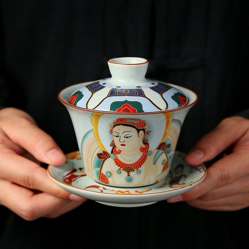 Ru Kiln Đôn Hoàng treo Nắp bát gốm sứ Tam Tài Bát trà gia dụng Bát trà cốc trà quà tặng cao cấp Bộ trà Kung Fu