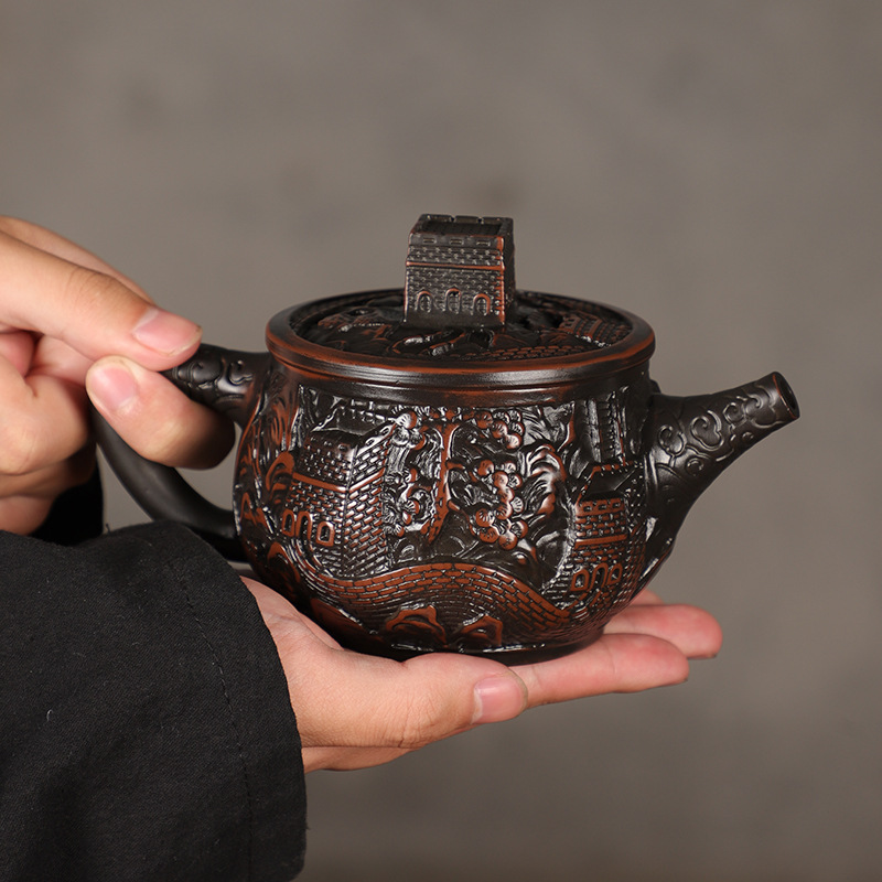 Ấm trà gốm tím Jianshui được chạm khắc thủ công hoàn toàn Vạn Lý Trường Thành