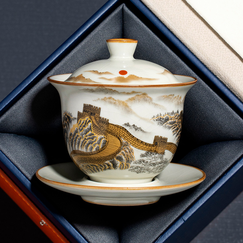 Cốc trà nắp tam tài Vạn Lý Trường Thành lơ lửng bát trà cỡ lớn cao cấp có nắp bộ trà mẫu mới 2025