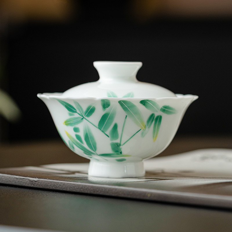 Bát trà có nắp sứ trắng Dehua chén trà vẽ tay có nắp bát pha trà Kung Fu chịu nhiệt gia dụng