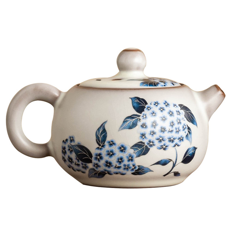 Ấm trà cổ điển kiểu Trung Quốc Ru Kiln, cốc trà, thạch mỡ lợn, hoa cẩm tú cầu Ruqing, ấm một ấm hai cốc, ấm pha trà gốm sứ