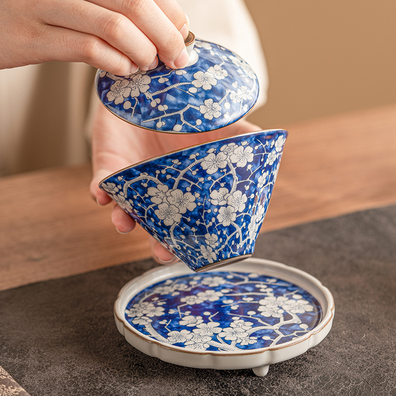 Giả Song Ru lò màu xanh băng hoa mận mũ có Nắp bát trà Bộ trà cao cấp có nắp Bát Trà Tam Tài Bát lớn