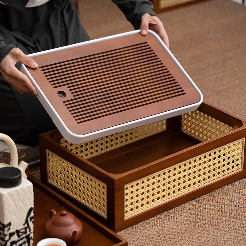 Hộp đựng đồ đa năng gia dụng khay trà bộ trà kungfu đan mây tre đan kiểu Nhật bộ khay trà khay đựng đồ cổ điển