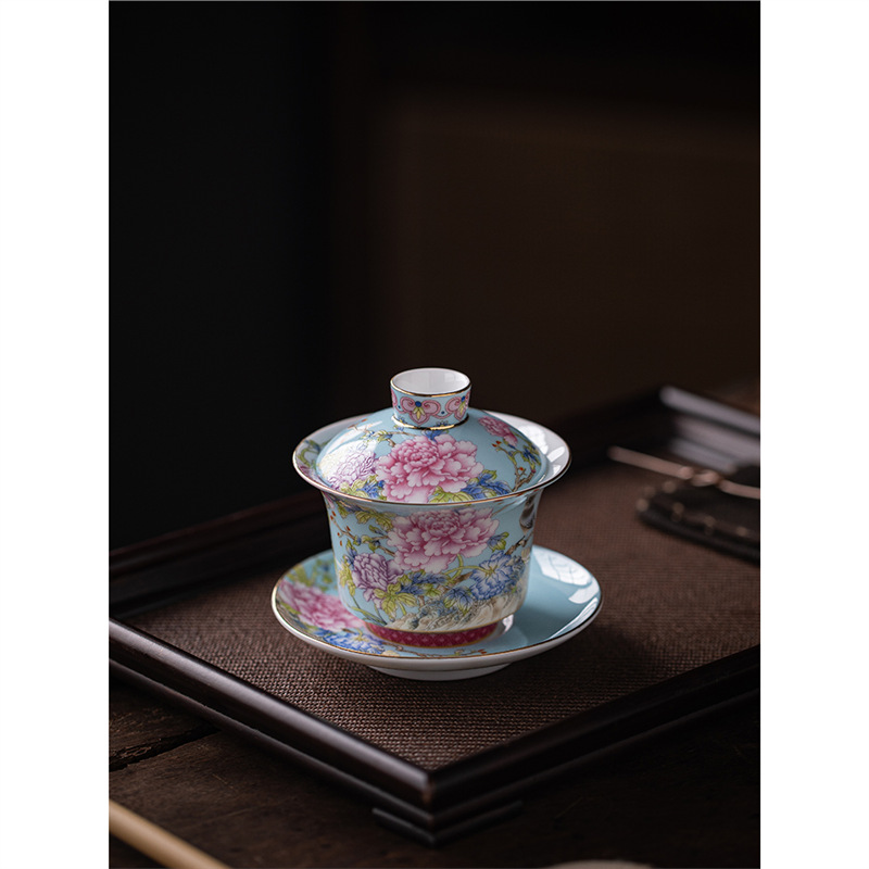Bát có nắp tam tài tráng men, bộ trà Kung Fu hương hoa chim, bát pha trà gốm sứ gia dụng, bát trà không nóng tay