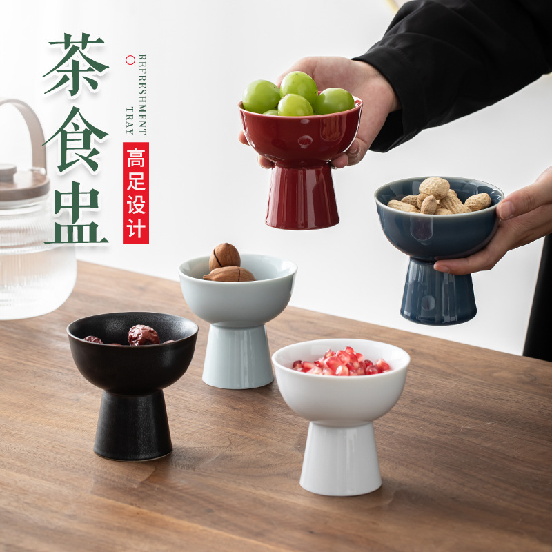 Cốc uống trà chân cao Cỡ Nhỏ kiểu Nhật, đĩa phục vụ trà gốm sứ, đĩa phục vụ bánh ngọt, Đĩa hoa quả khô, đĩa ăn nhẹ, phụ kiện trà đạo