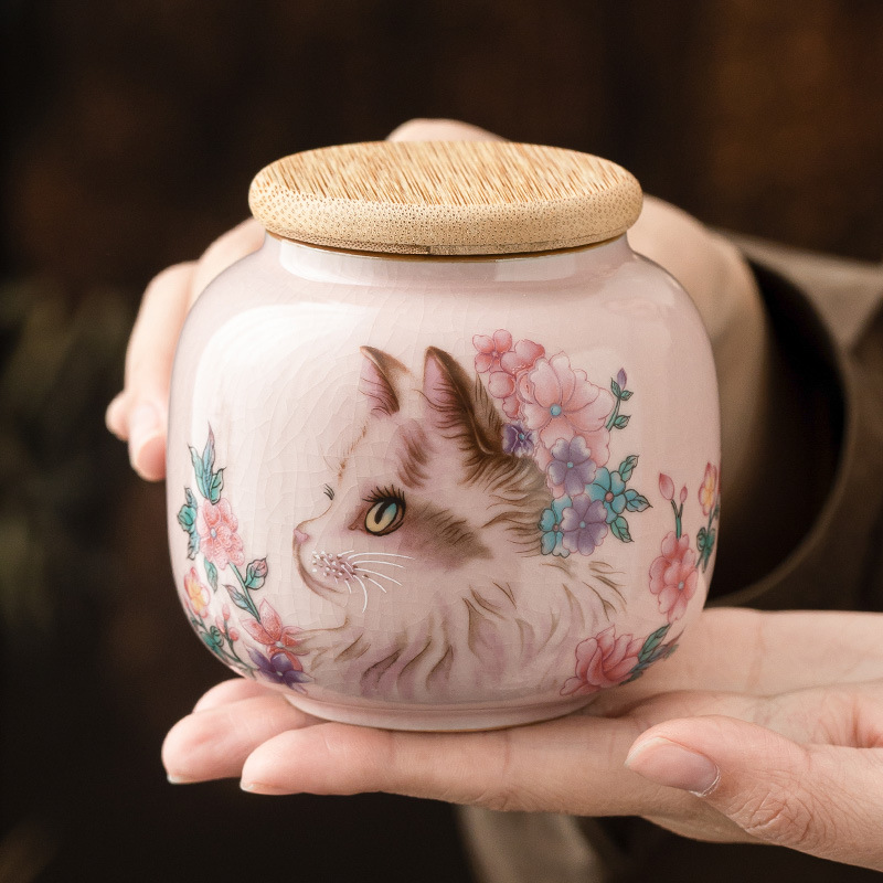 Hộp đựng trà họa tiết mèo Ru Kiln tối giản, hộp đựng kín chống ẩm, lọ đựng trà bằng gốm mở phía trước để sử dụng tại nhà.