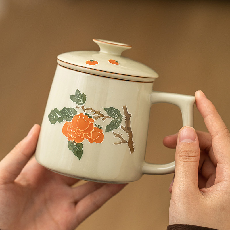 Cốc gốm sứ cao cấp có nắp, ngăn xếp bằng tay tinh khiết, hồng, hồng, trà Ruyi, cốc tách nước, cốc nước văn phòng, chống bỏng