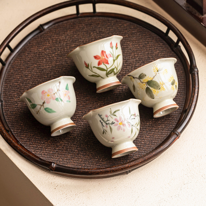 Cốc trà hoa vẽ tay, cốc miệng hoa chân cao màu xám thực vật, cốc chủ cao cấp, bộ cốc trà gia dụng, tặng quà