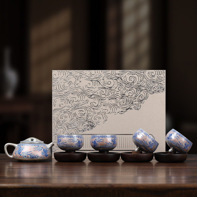 Ấm trà mạ bạc cao cấp, cốc khách nhanh, một ấm bốn cốc, bộ trà du lịch Trung Quốc sang trọng nhẹ, hộp quà trà quay bằng gốm sứ