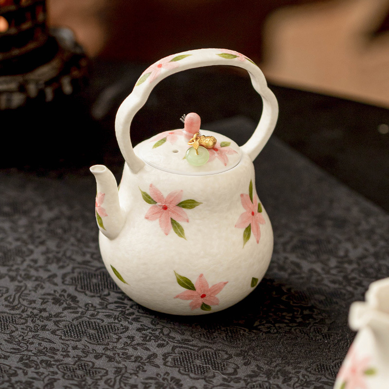 Bộ ấm trà hoa anh đào trắng đá khoáng phong cách Trung Hoa, ấm trà gốm sứ cao cấp có lưới lọc, bộ ấm trà Kung Fu cổ điển, ấm trà đơn