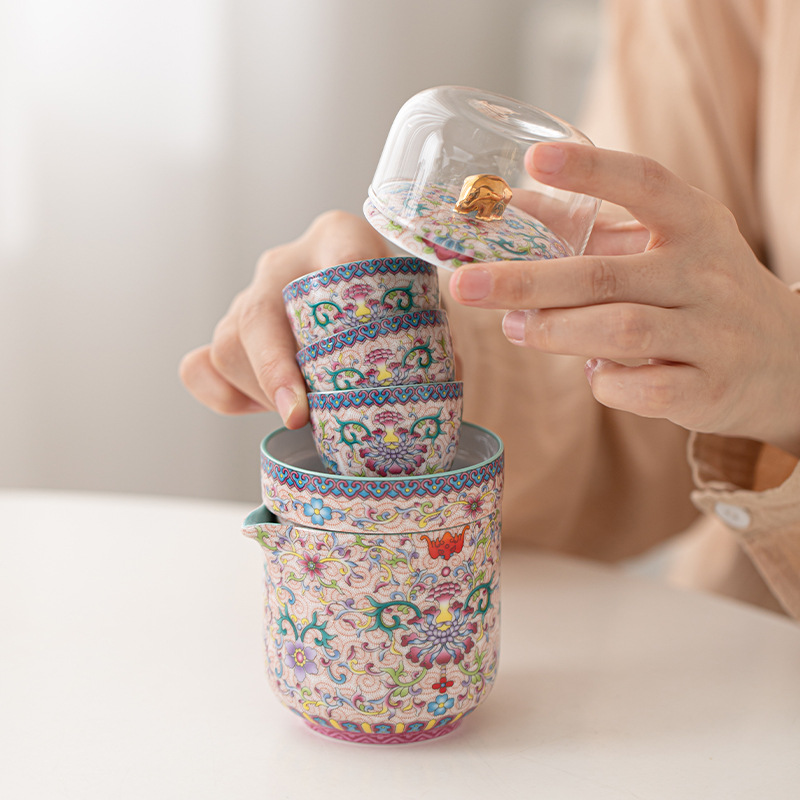 Bộ trà du lịch tráng men phong cách Trung Quốc Bộ trà một ấm ba cốc Bộ quà tặng Bộ pha trà tiện dụng cắm trại