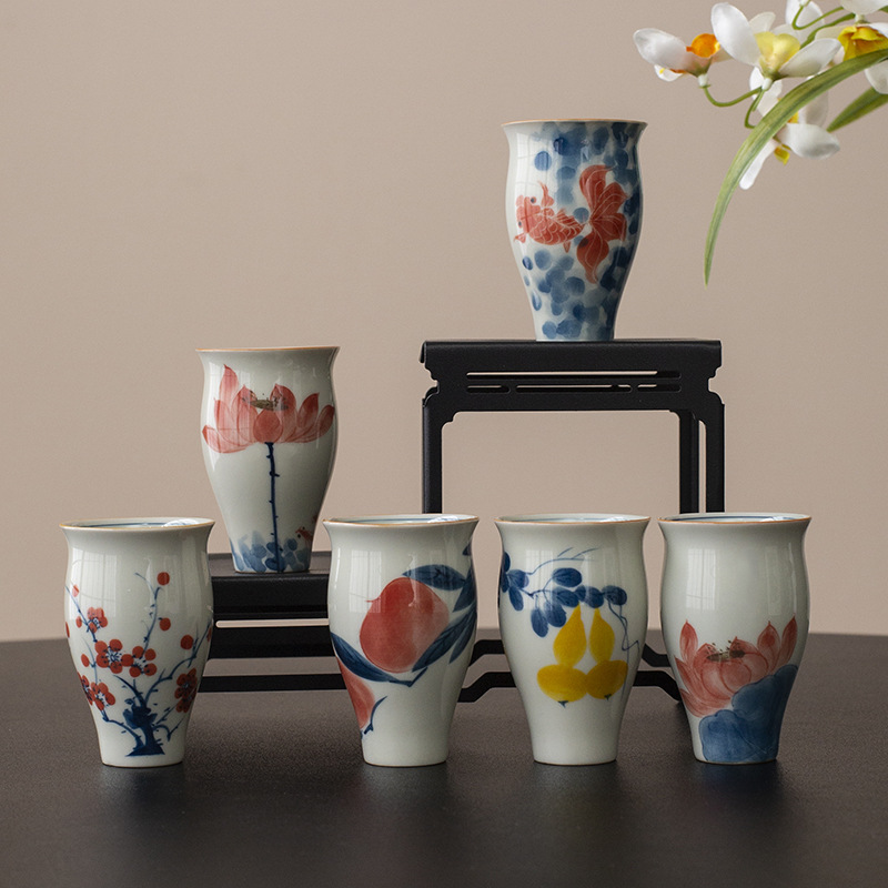 Cốc trà Kung Fu vẽ tay tinh khiết màu xám thực vật cốc hương thơm cốc Juxiang cốc gốm sứ cổ điển đơn tách trà cốc chủ nhân Trung Quốc