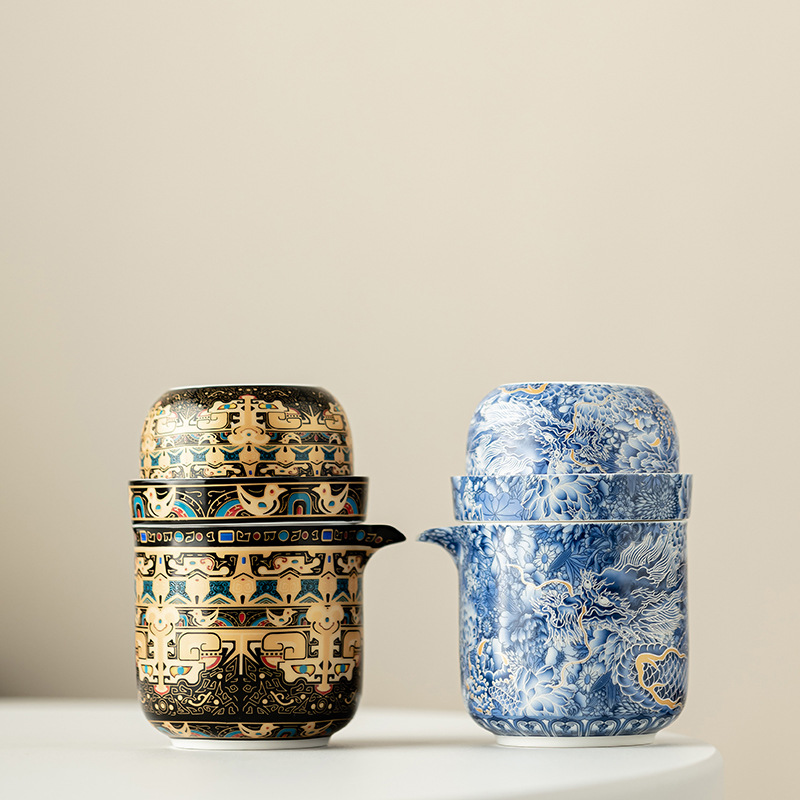 Bộ trà du lịch Thangka gốm cổ điển Bộ trà lọc cốc khách di động ngoài trời một ấm bốn cốc