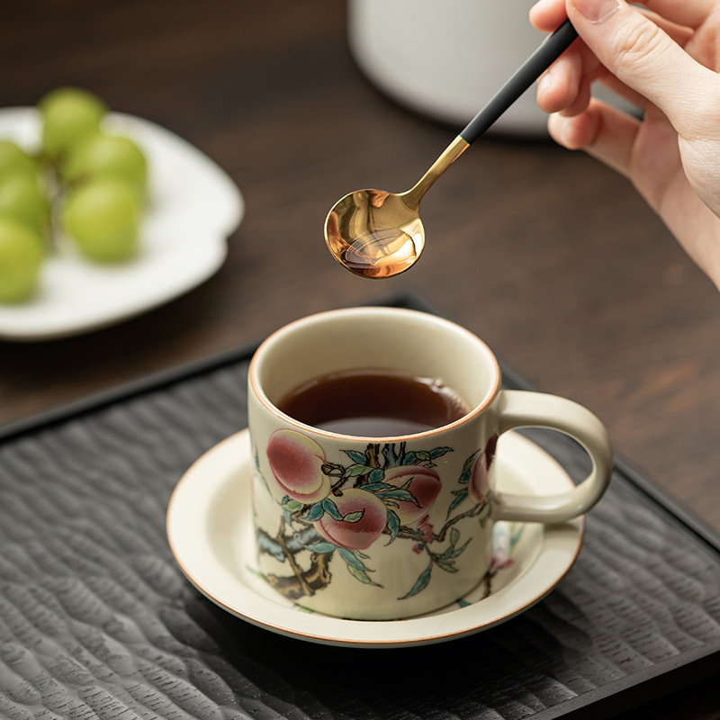 Cốc cà phê chín đào lò Ru cổ cốc gốm sứ cổ điển gia dụng cốc uống nước sang trọng nhẹ chuyên dụng cho nữ công sở