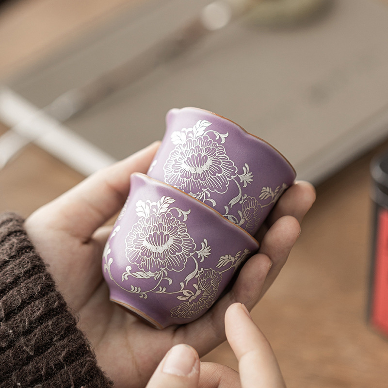 Tách trà hoa mẫu đơn bạc Ru tím Dehua, bộ ấm chén gốm sứ, tách khách, tách đơn, dành cho nữ, phong cách Kung Fu, dùng tại nhà