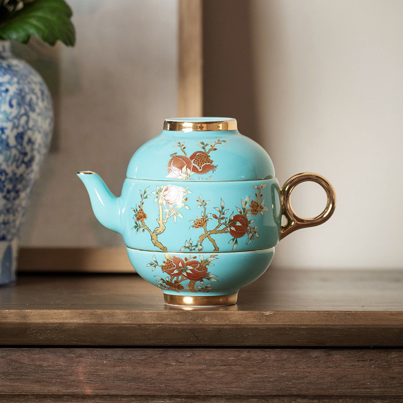Ấm trà gốm sứ tráng men màu một ấm hai chén bộ trà du lịch bộ nhỏ kiểu Trung Quốc xách tay ngoài trời