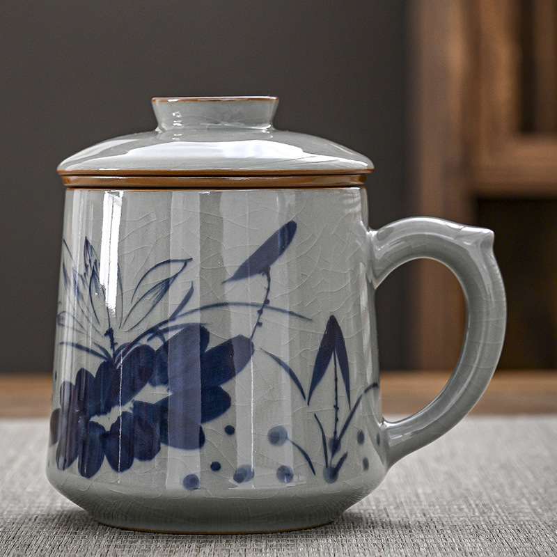 Cốc văn phòng vẽ tay đất sét già có nắp lọc lót tách trà cốc nước dung tích lớn