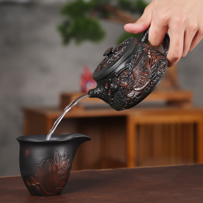 Ấm gốm tím Vân Nam Jianshui chạm nổi thủ công ấm đá rồng phượng ấm trà gốm tím bộ trà dung tích lớn chuyên dụng pha trà