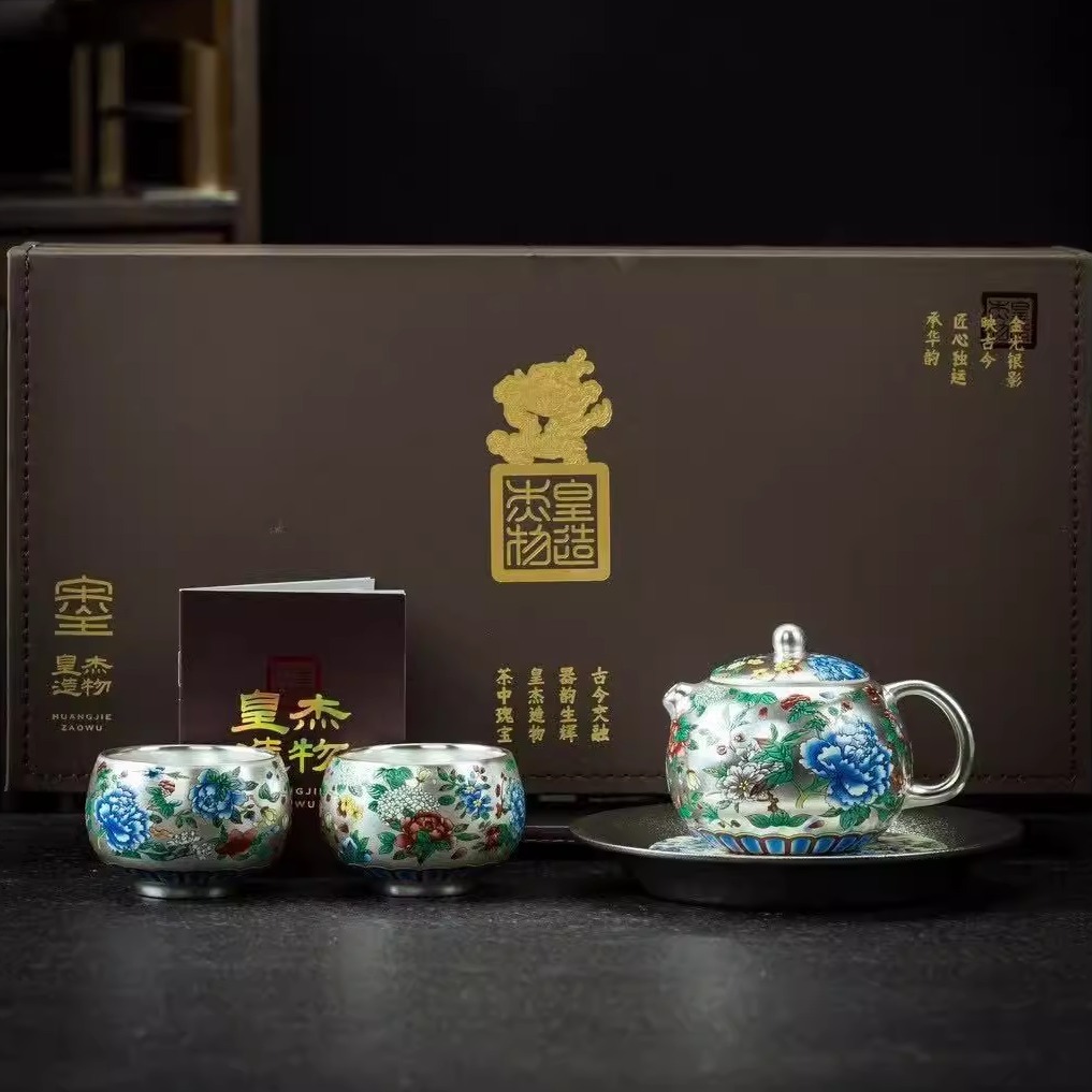 Zhou Hongjie màu xanh và trắng thủ công mạ bạc vạn hoa không rơi màu xanh và trắng ấm trà bộ ấm trà Kung Fu sang trọng pha chế gia dụng