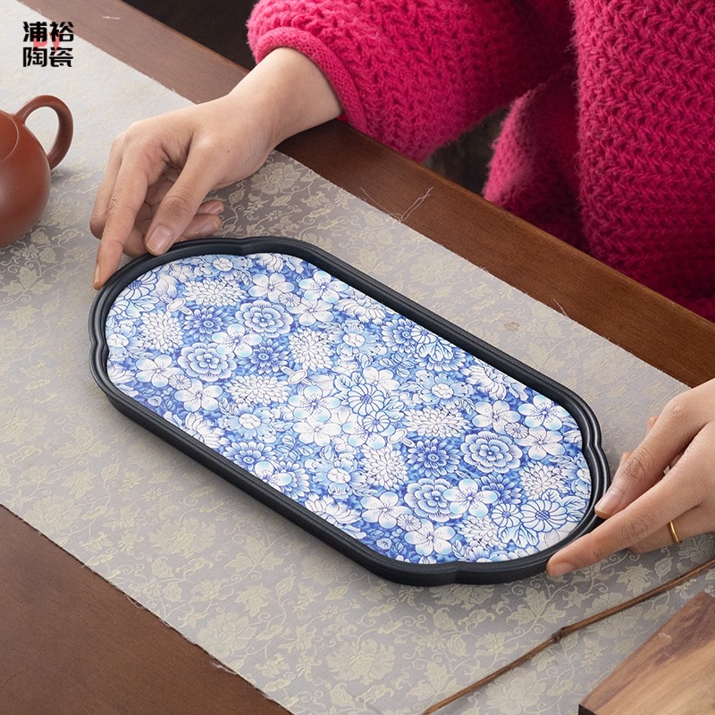 Khay trà xanh trắng cổ điển kiểu Trung Quốc Mới Bộ Trà Công Phu gốm sứ gia dụng đệm bình trà bàn pha khô hút nước loại nhỏ khay trà