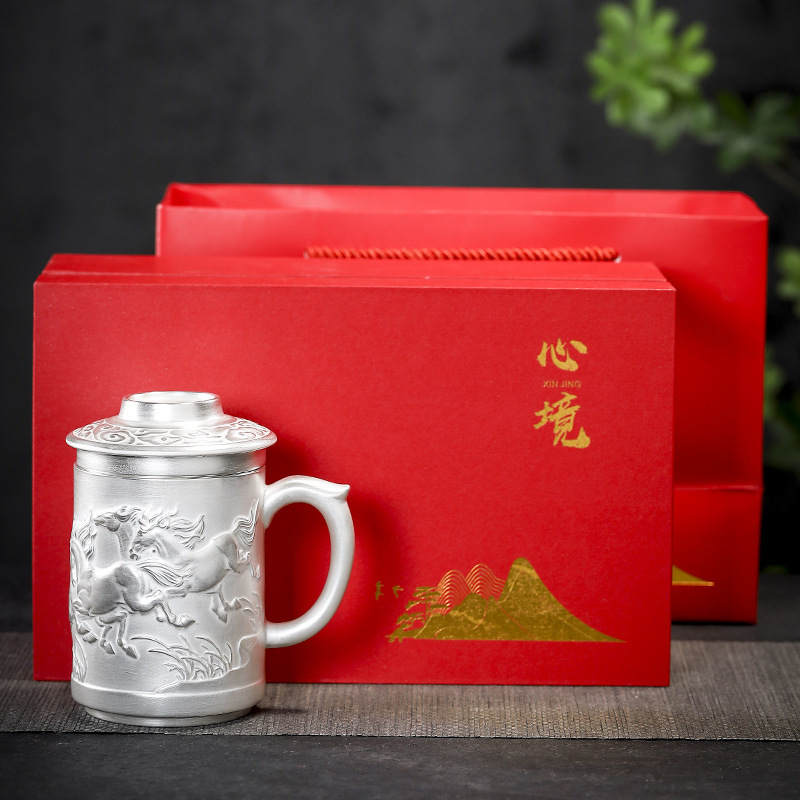 Cốc nước rồng phượng bạc thủ công cao cấp có nắp lọc trà tách sứ mạ bạc cá nhân trà văn phòng gia dụng