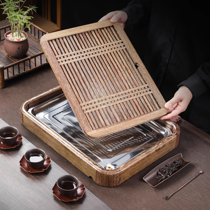 Khay trà gỗ nguyên khối gỗ trắc, khay pha khô cao cấp cỡ nhỏ gia dụng, khay trà Kung Fu, bàn trà thoát nước, biển trà một người