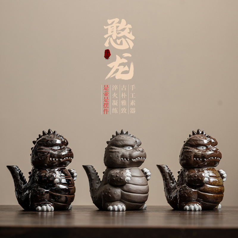 Đồ trang trí ấm trà hình khủng long bùn đá cổ, bộ ấm trà kungfu sáng tạo, đồ trang trí bàn trà kiểu cổ điển Trung Hoa, đồ trang trí lễ trà
